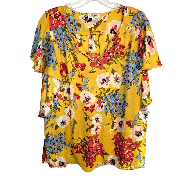 Umgee Large Yellow Floral Women's BOHO Sleeves Top Shirt Blouse Miss Size 12 14 - Picture 2 of 6